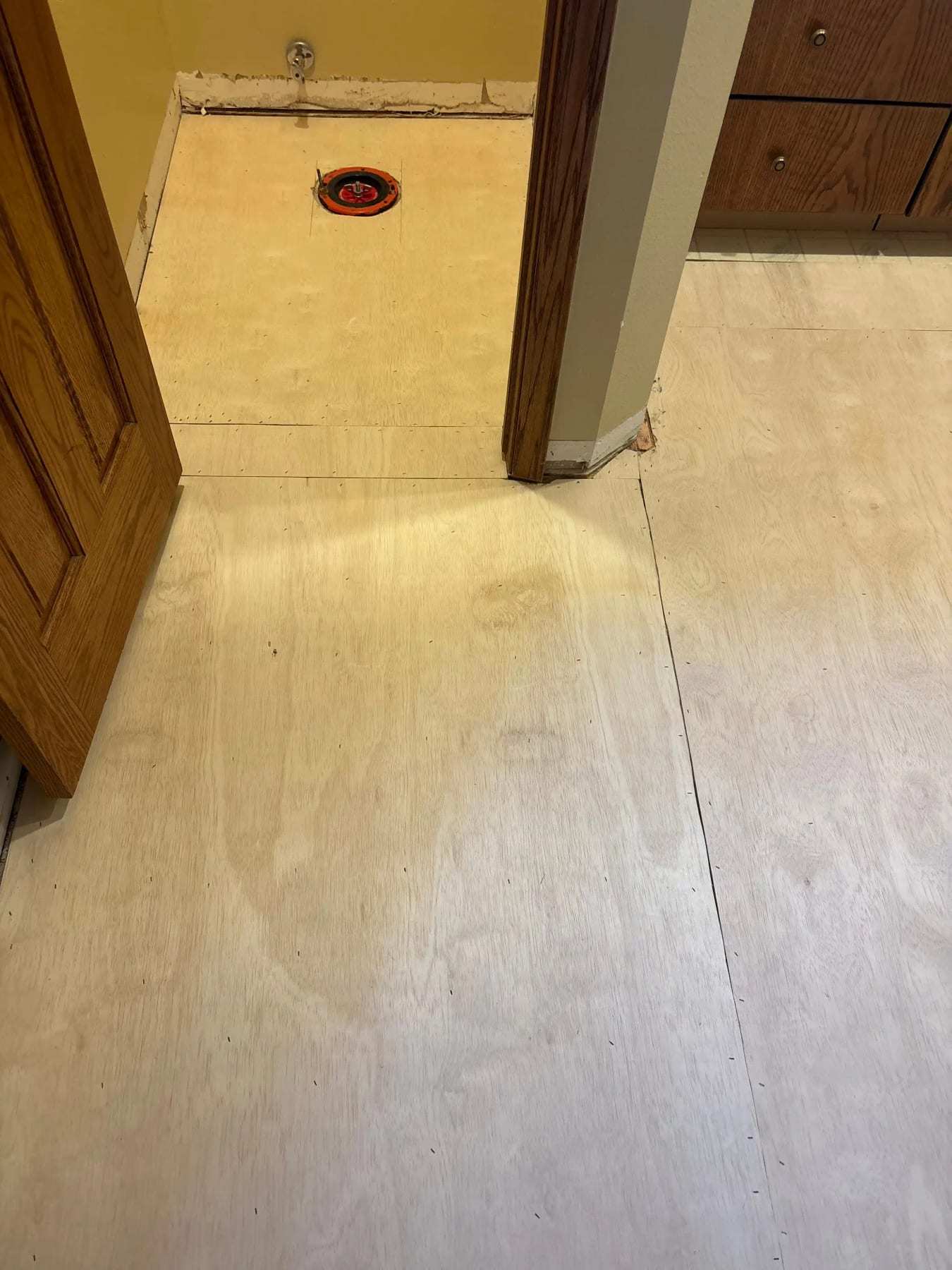 Bathroom floor removed to the subfloor, seen from the hallway