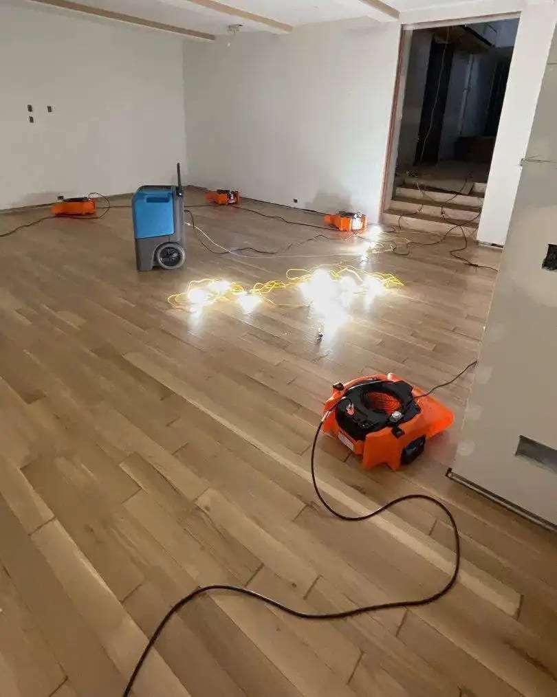 Air movers drying a room with new-looking hardwood flooring