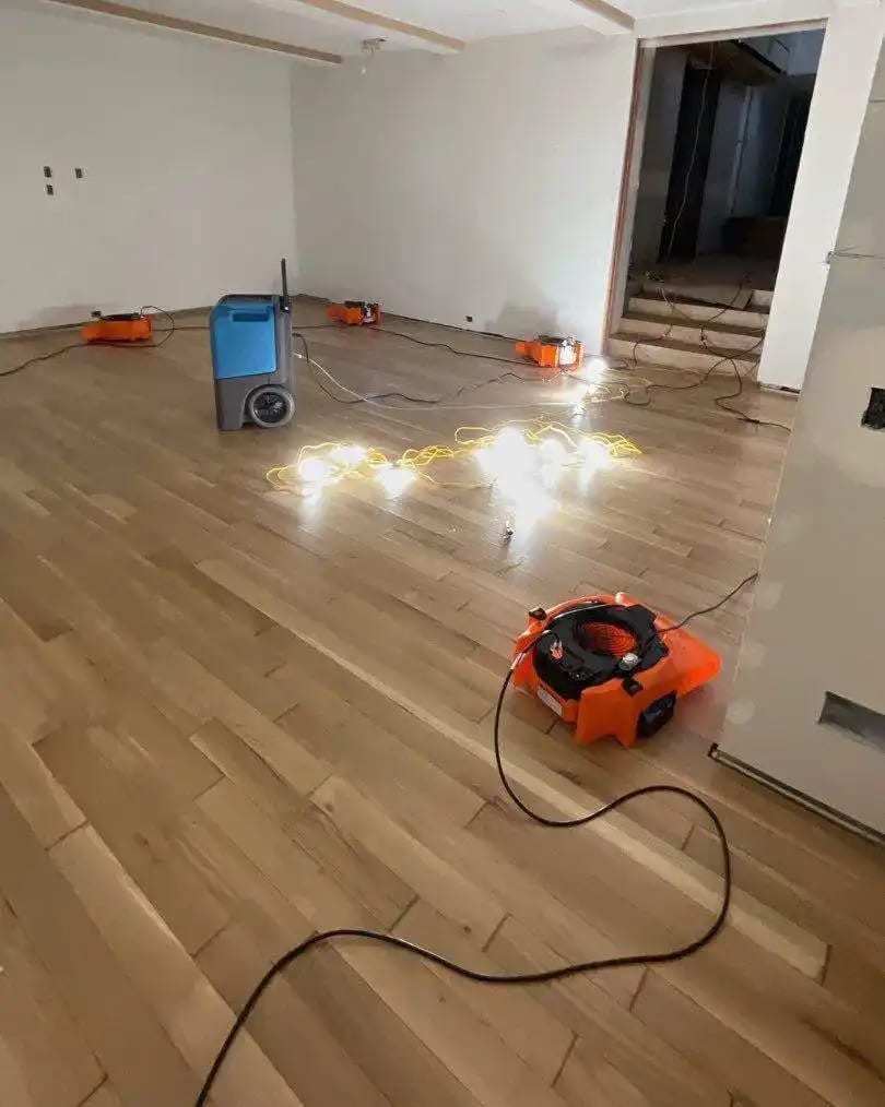 Air movers drying a room with new-looking hardwood flooring