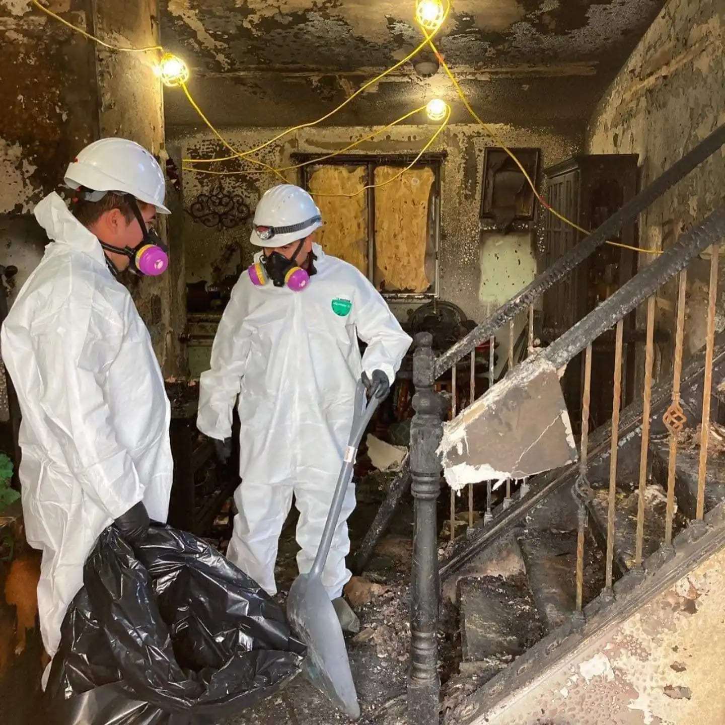 Two workers in hard hats and respirators on a fire-charred staircase