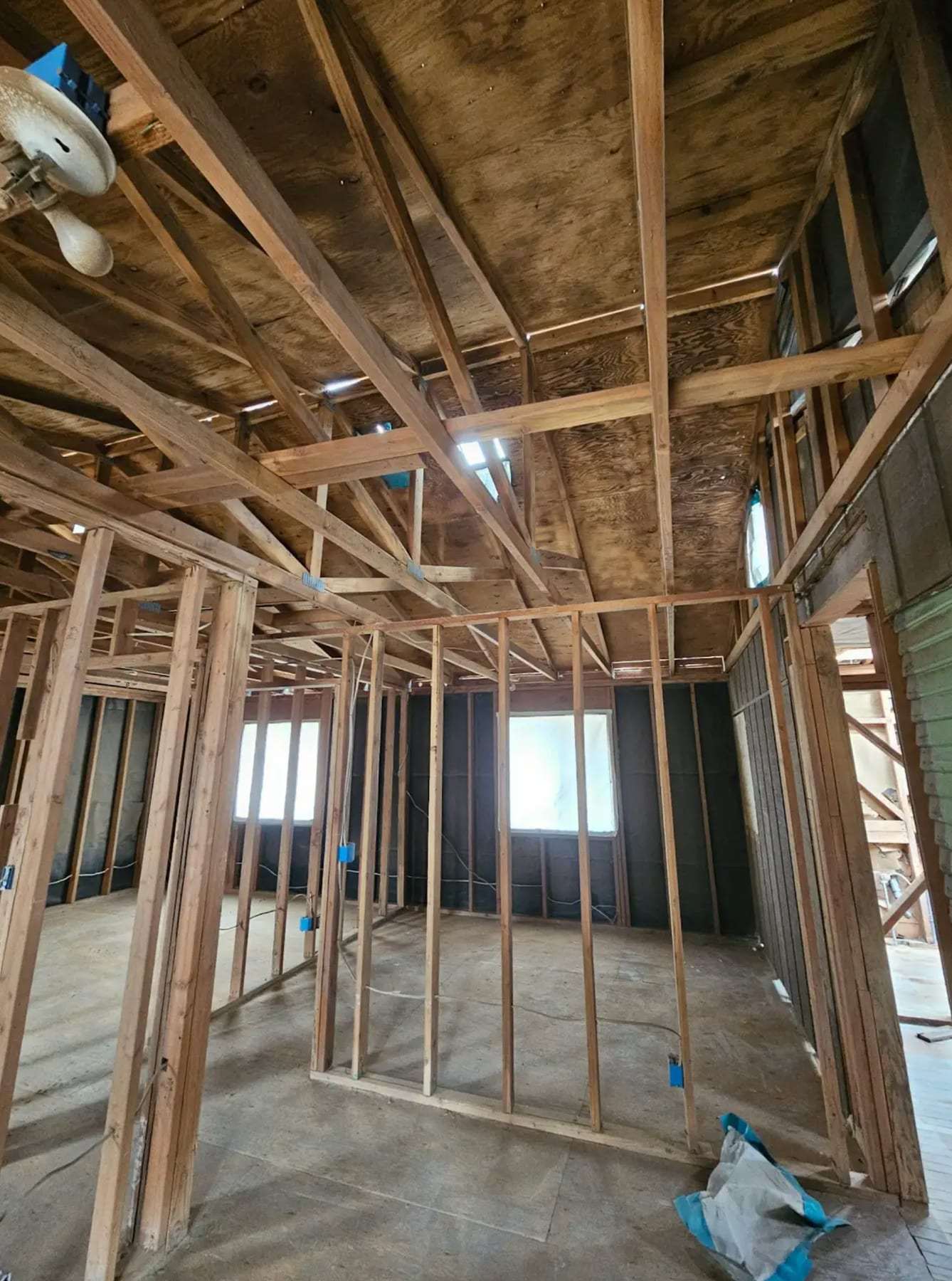 Room gutted to the framing with mold-stained ceiling joists
