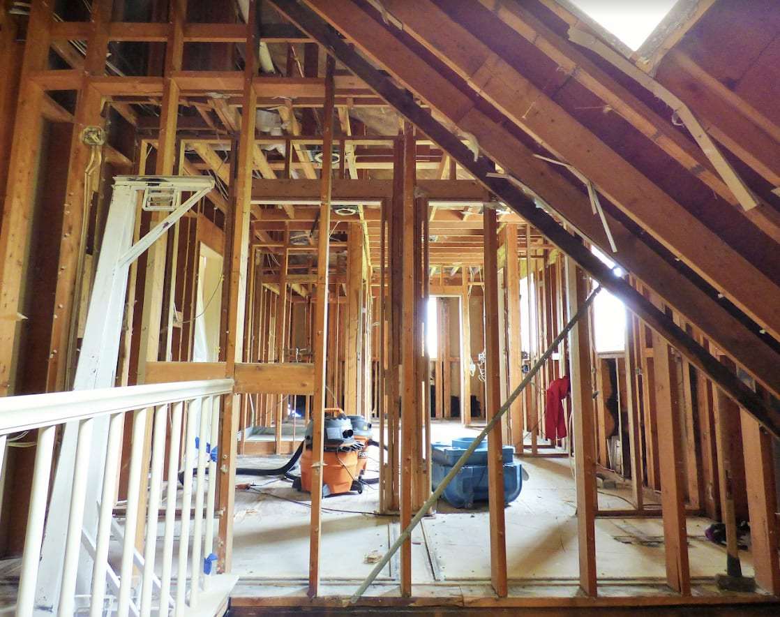 Attic and upper floor opened to the framing during reconstruction