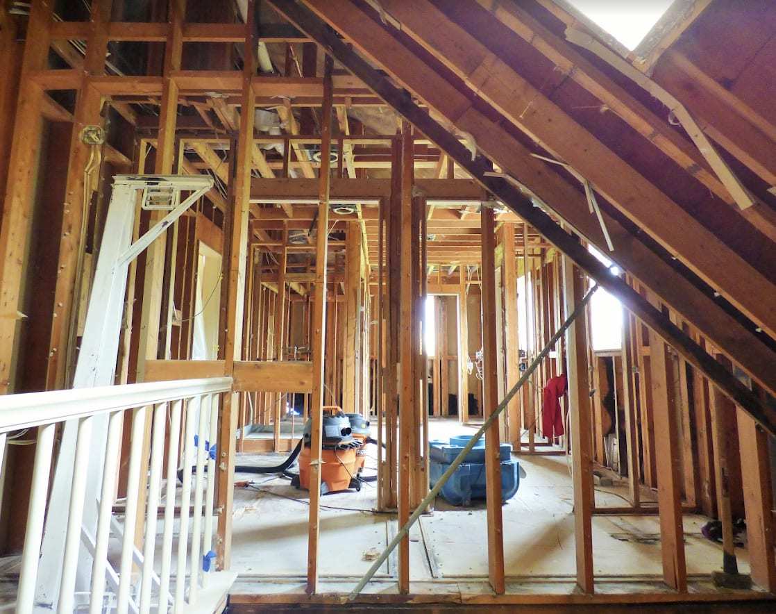 Attic and upper floor opened to the framing during reconstruction