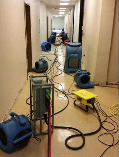 Long corridor drying setup with air movers and a dehumidifier