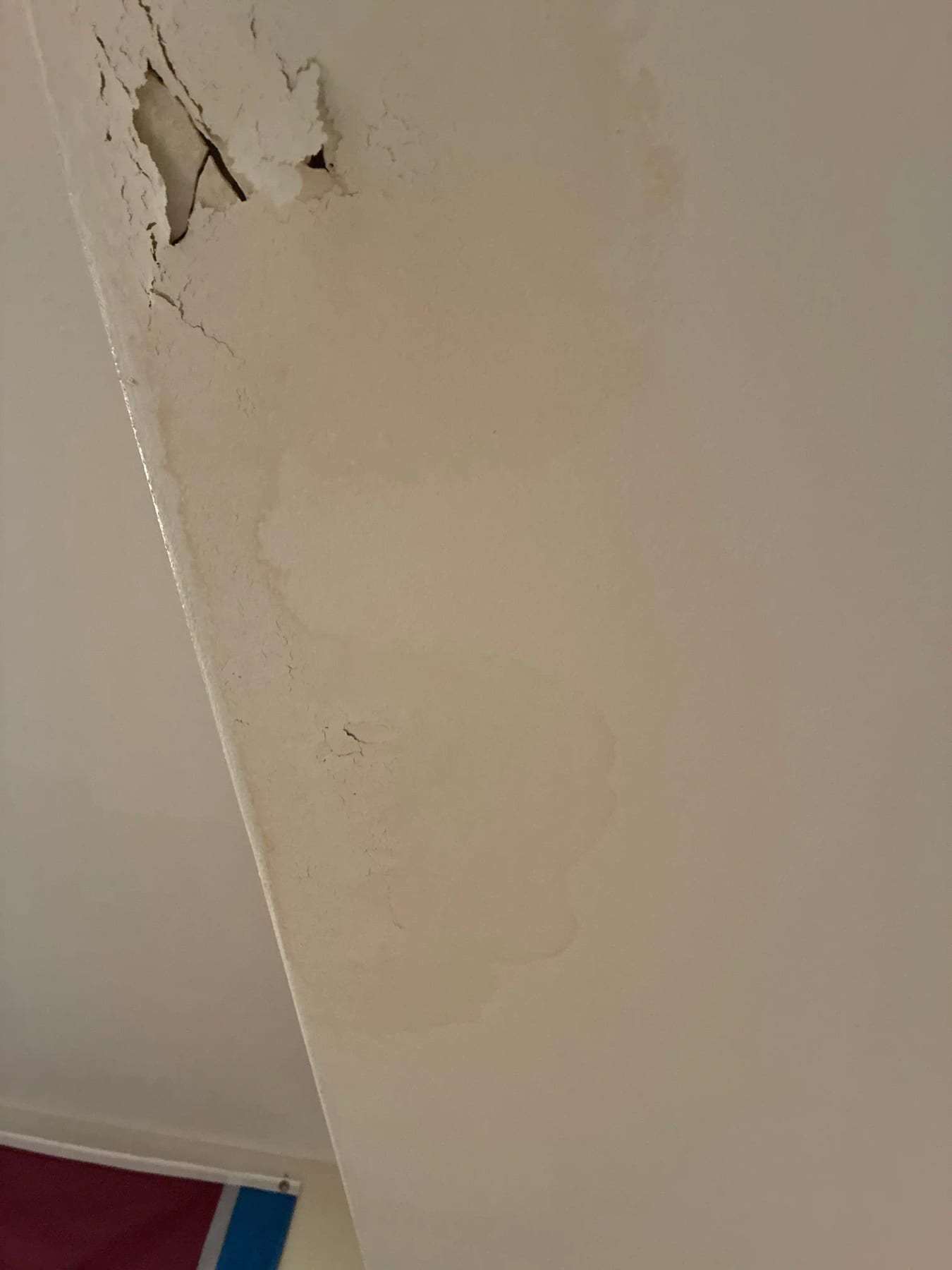 Water damage bubbling the paint on a wall and the trim